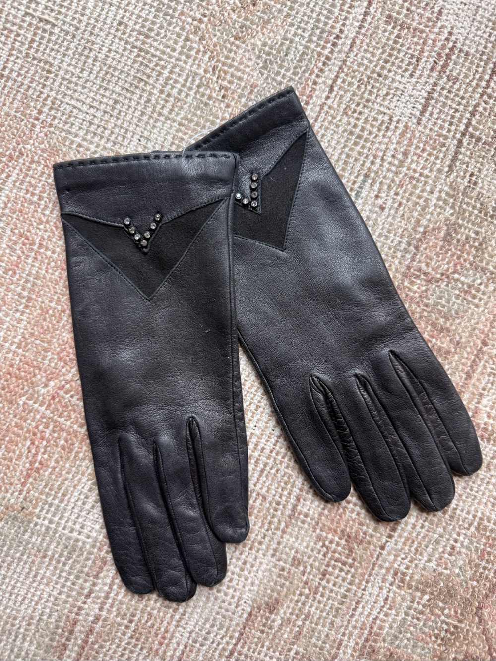 Vintage Black Leather Gloves with Studded V-Detail